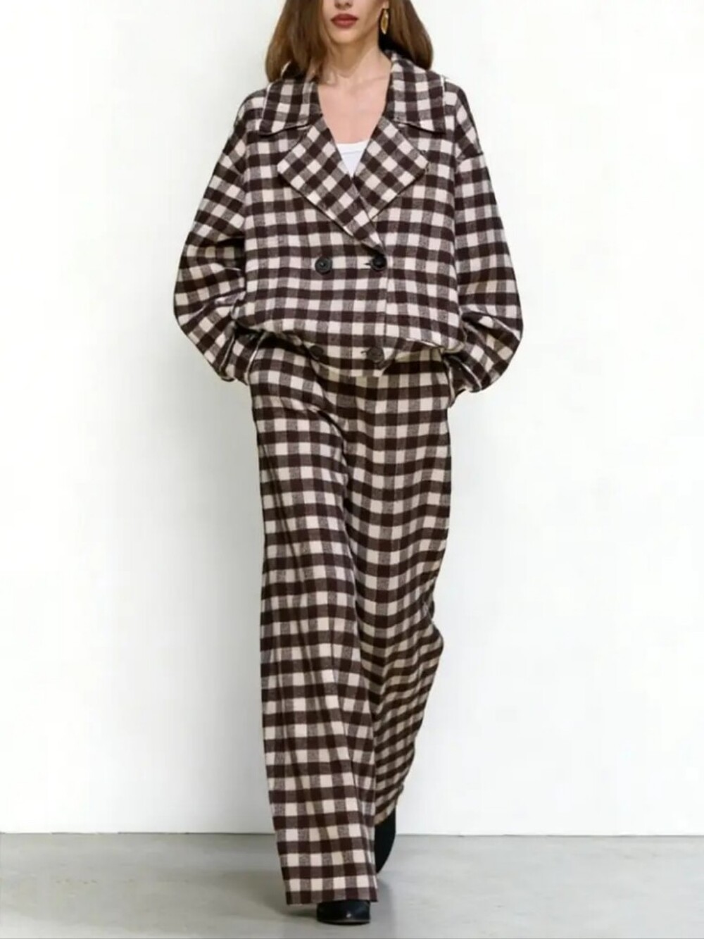 Brown & White Plaid Double-Breasted Cropped Blazer Jacket + Wide-Leg Pants Women